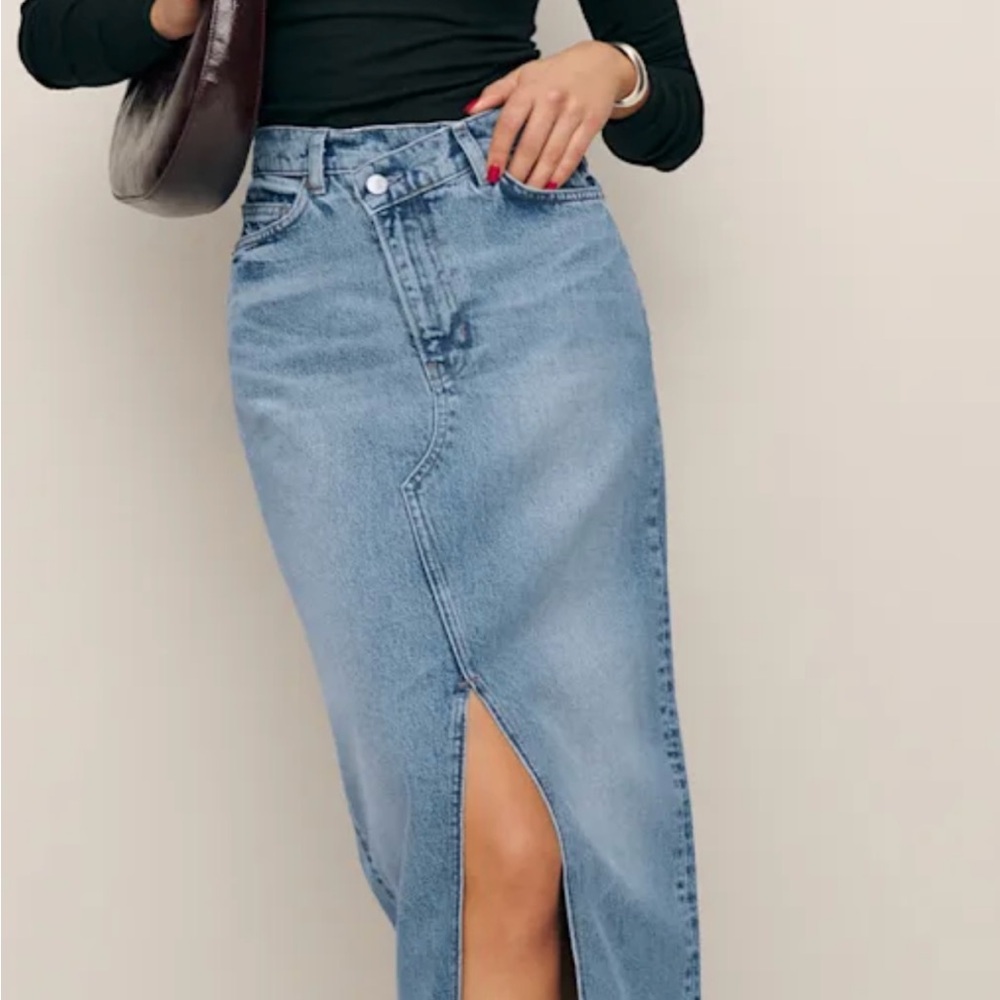 Reformation Denim Nila Long Denim Skirt with Frayed Hem